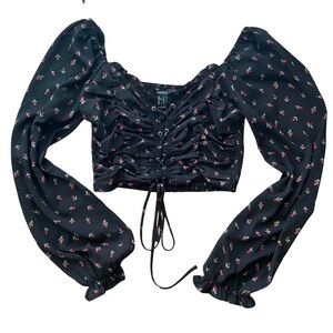 Black Rose Print Lace Up Crop Top